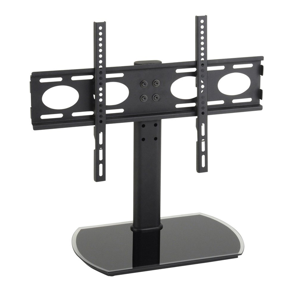 Image of TTAP PED64F Black Glass Fixed Tabletop Pedestal TV Stand in Black
