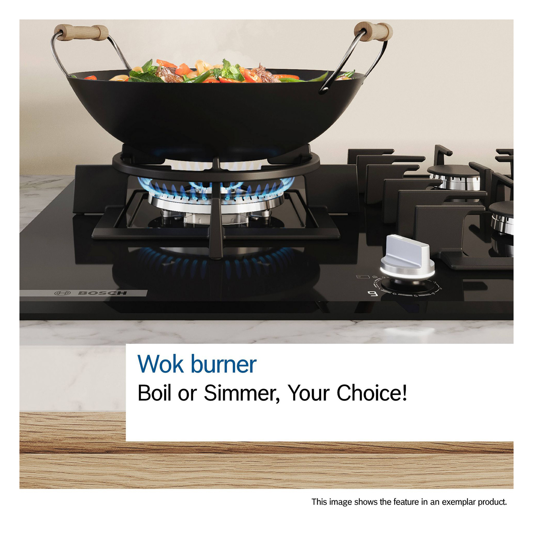 Bosch PGM7B5K90 Series 4 75cm 5 Burner Gas Hob in Stainless Steel Wok, photo 4