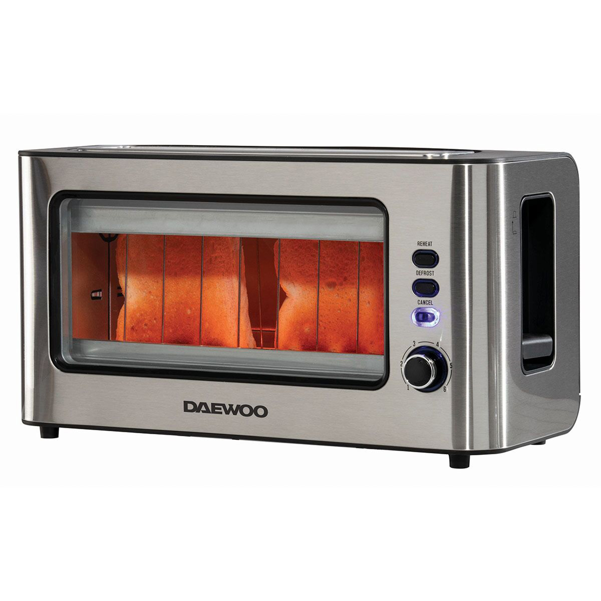 Daewoo SDA1060GE 2 Slice Transparent Glass Toaster in Silver