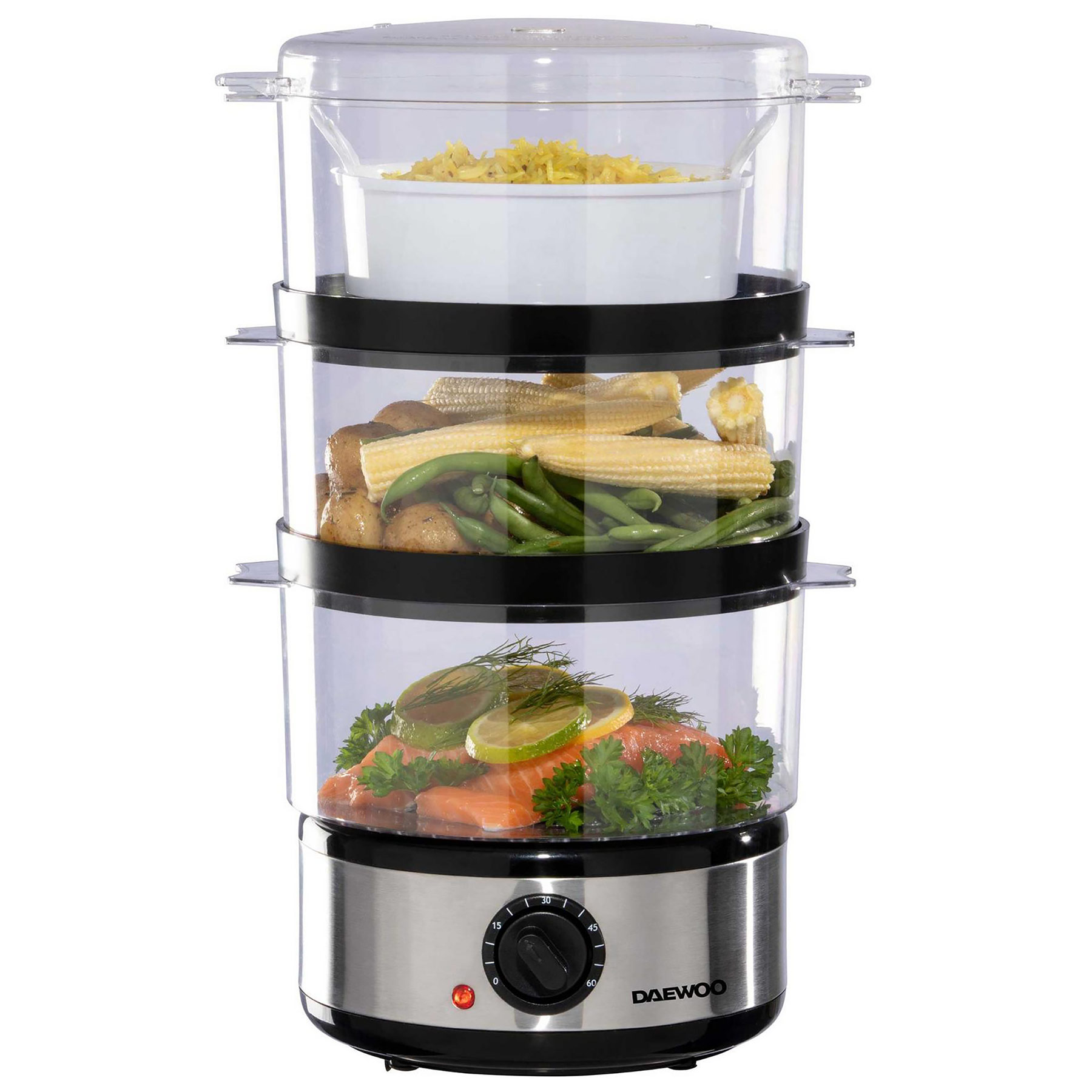 Image of Daewoo SDA2325GE 3 Tier Compact Electric Food Steamer with Rice Bowl