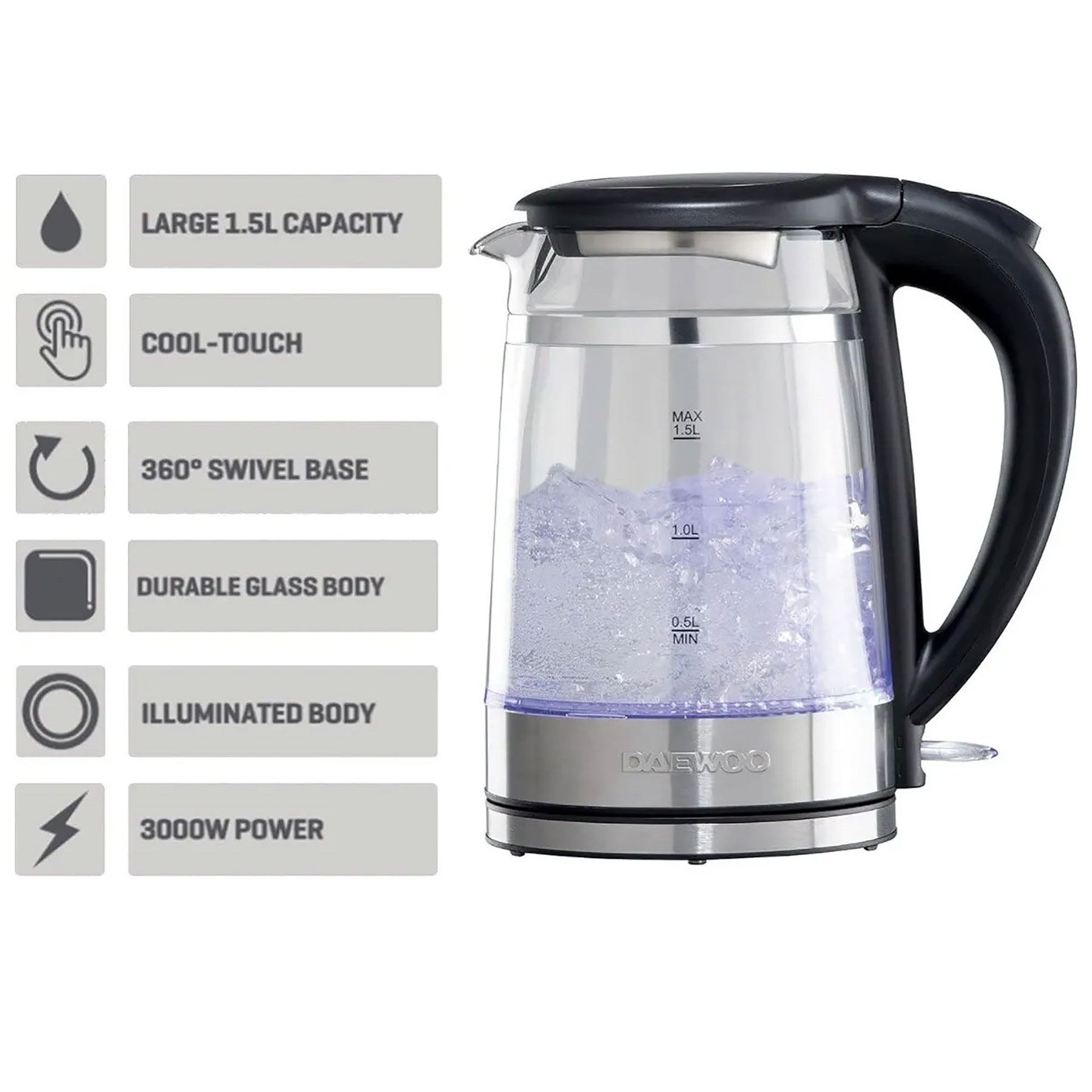 Daewoo SDA2539GE Cool Touch Rapid Boil Glass Kettle with LED 1 5L 3kW, photo 2