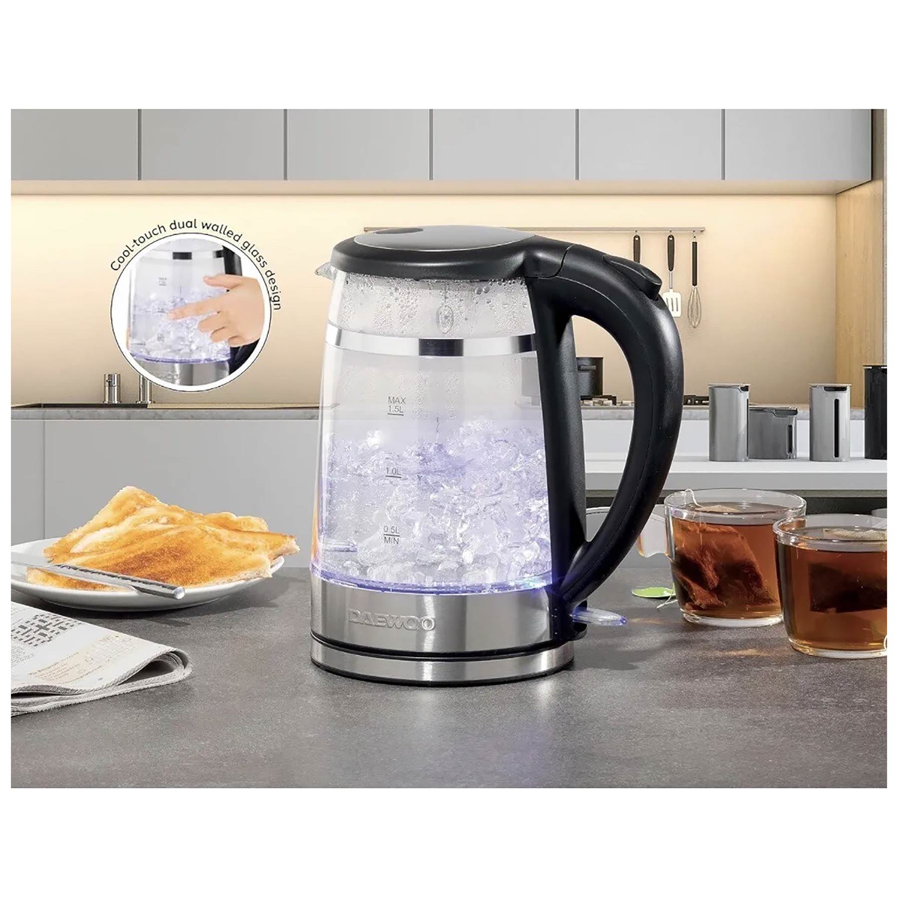 Daewoo SDA2539GE Cool Touch Rapid Boil Glass Kettle with LED 1 5L 3kW, photo 3