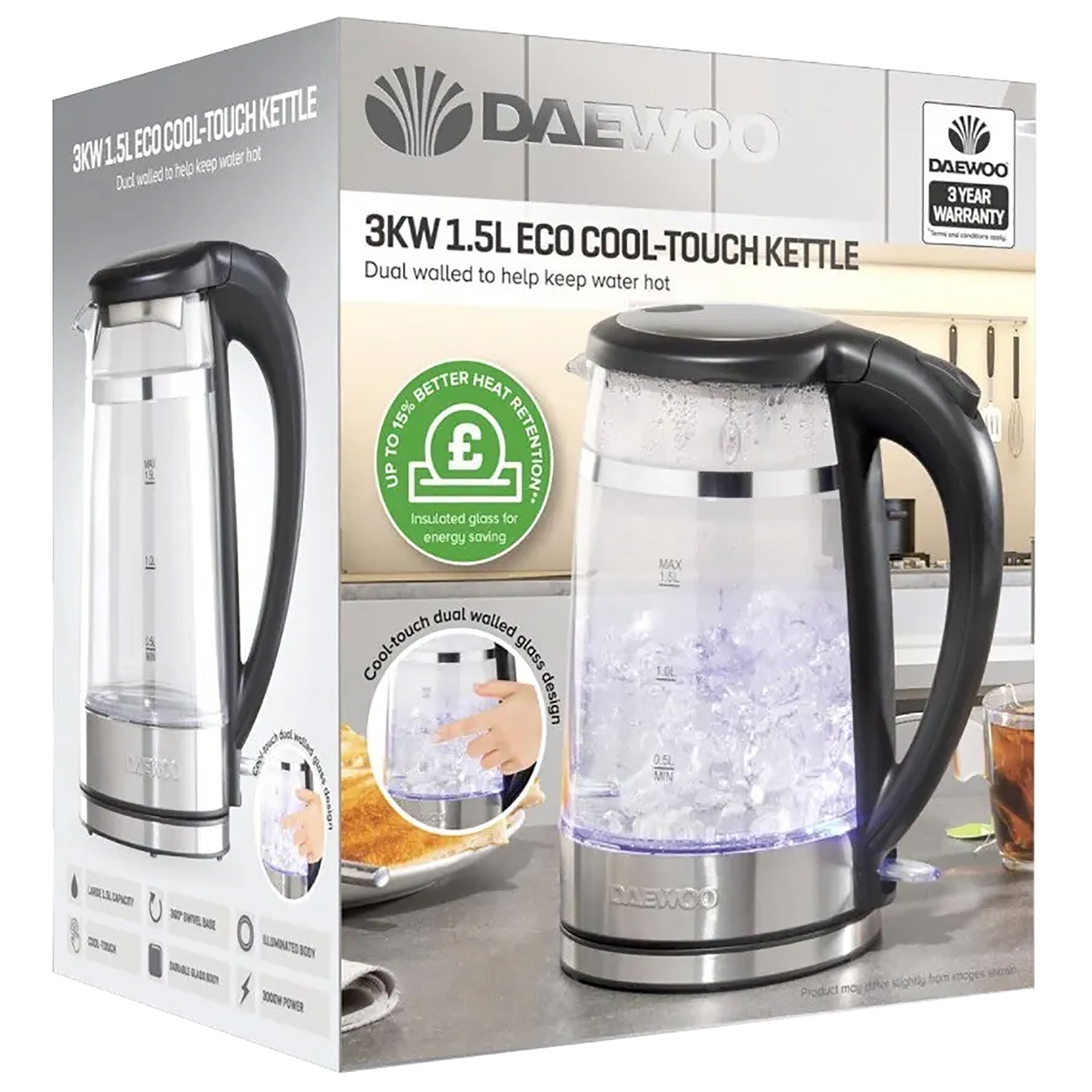 Daewoo SDA2539GE Cool Touch Rapid Boil Glass Kettle with LED 1 5L 3kW, photo 4