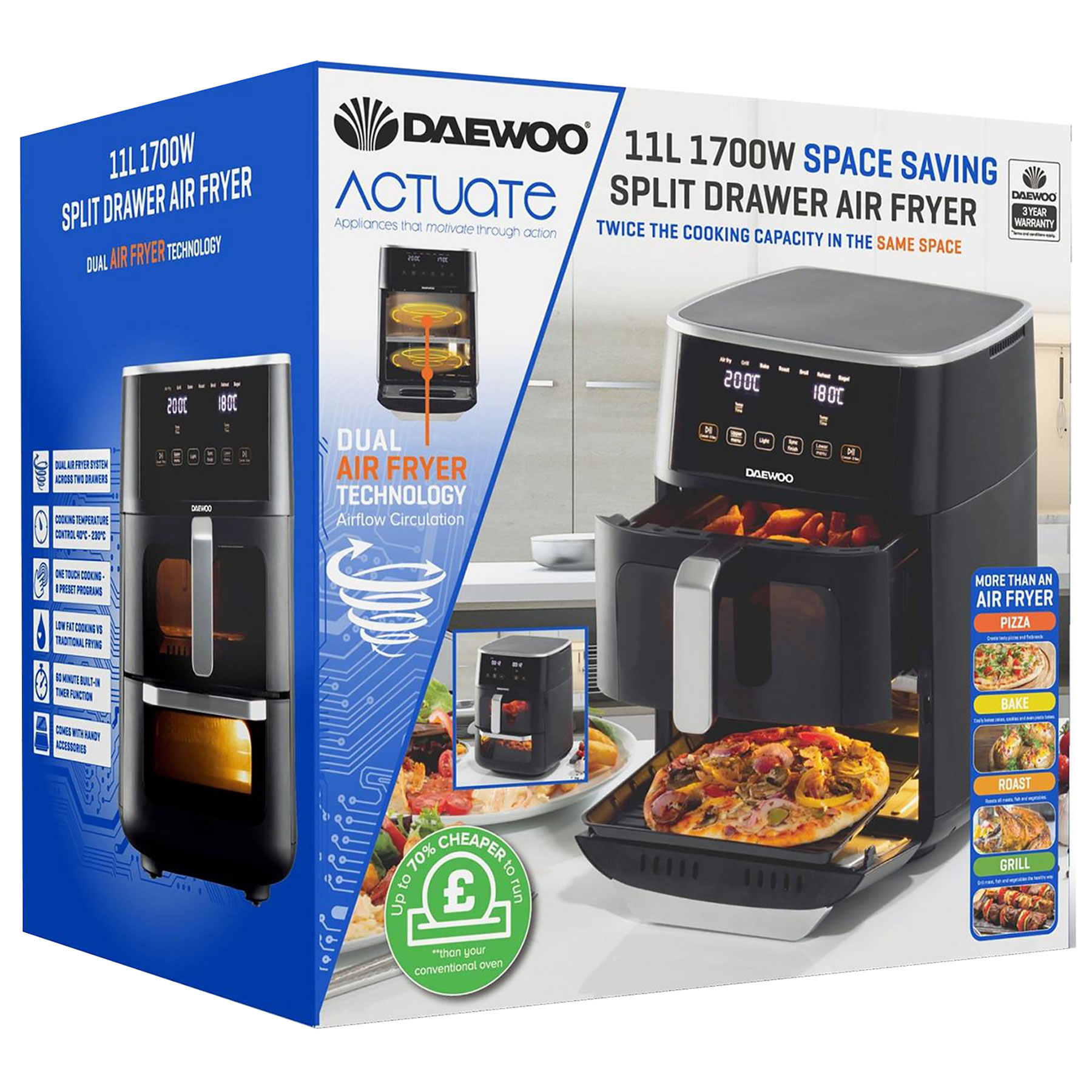 Daewoo SDA2622GE 11L Space Saving Split Drawer Air Fryer, photo 4