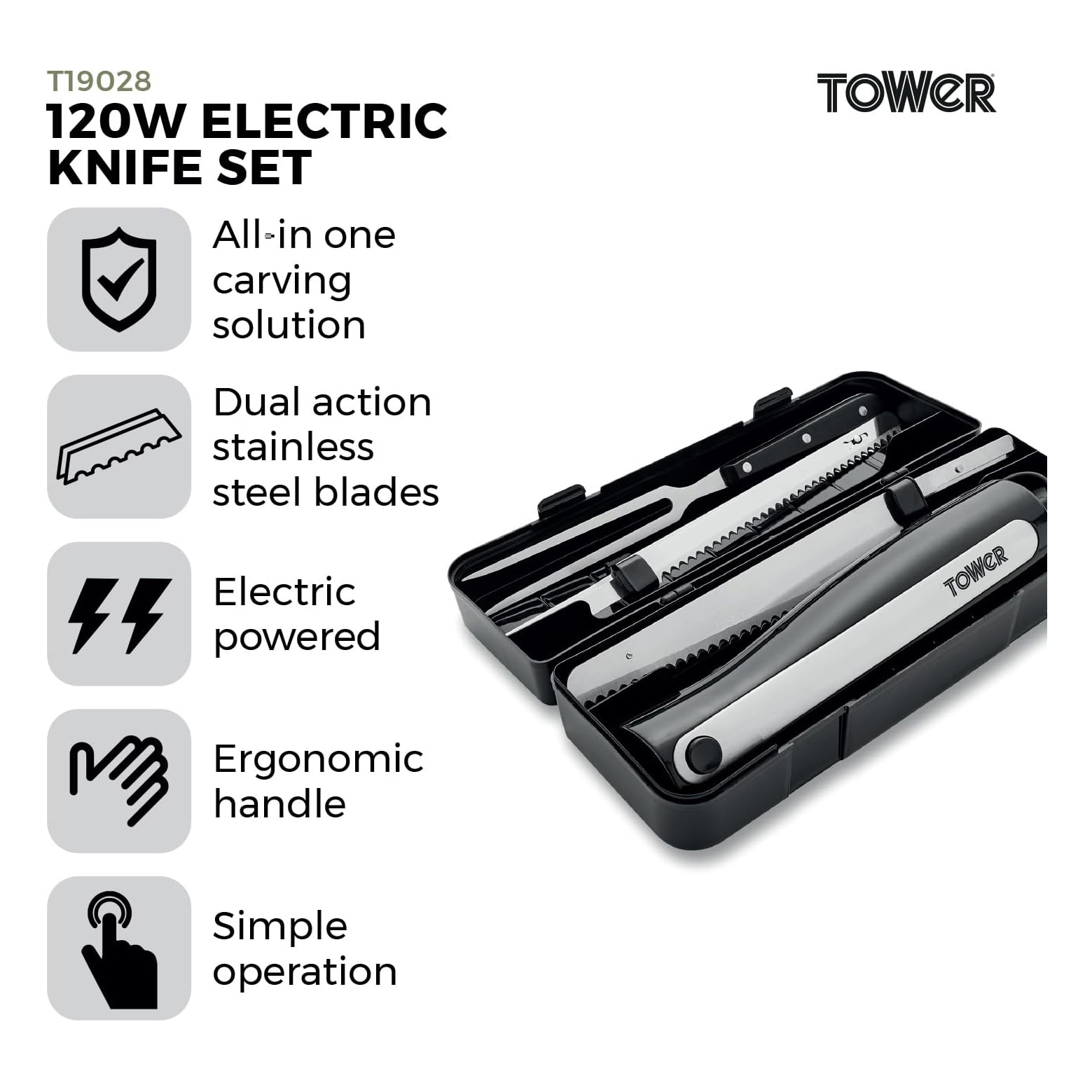 Tower T19028 Electric Knife with Fork and Case 120W, photo 2
