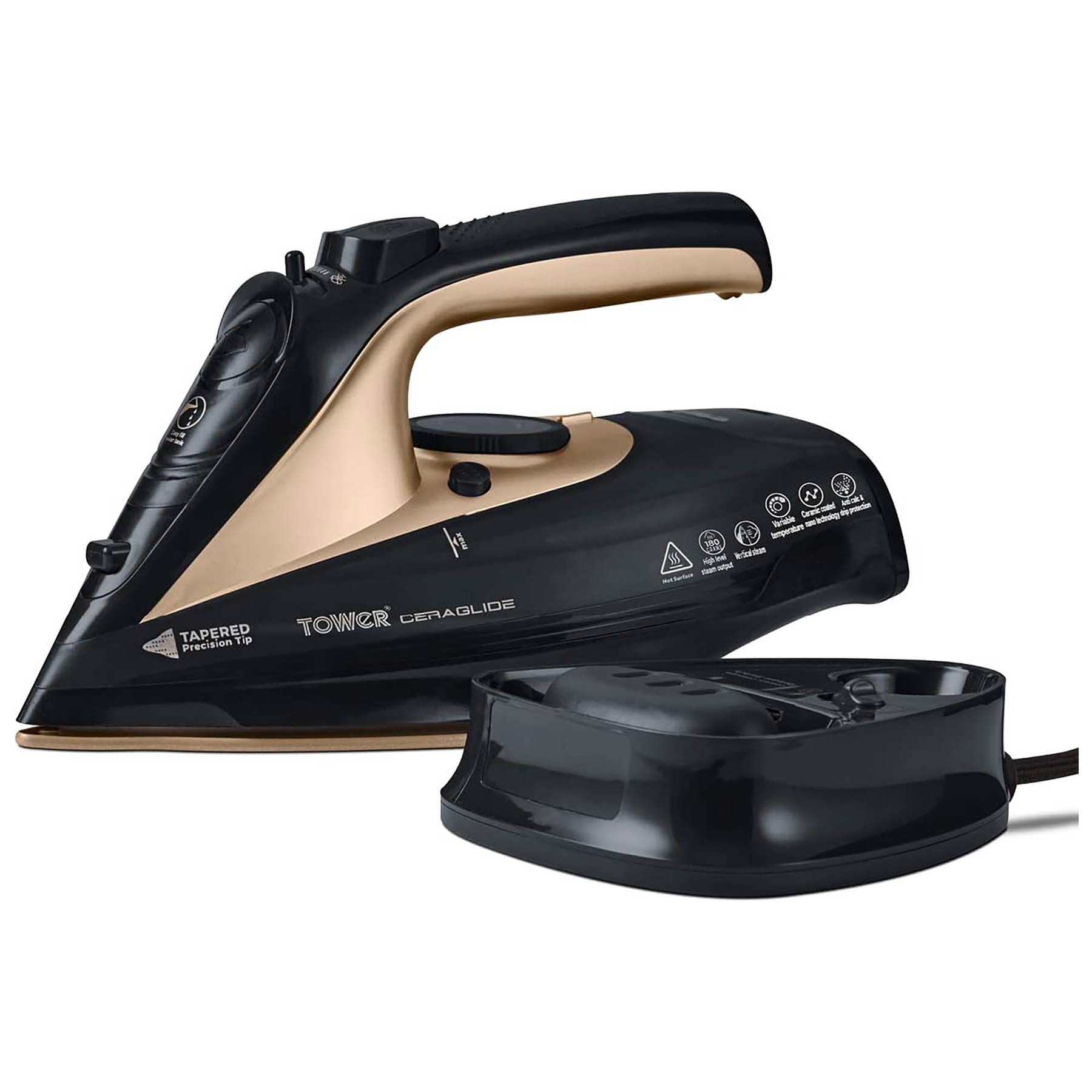 Image of Tower T22008BKG 2 in 1 Cord Cordless Steam Iron in Black and Gold