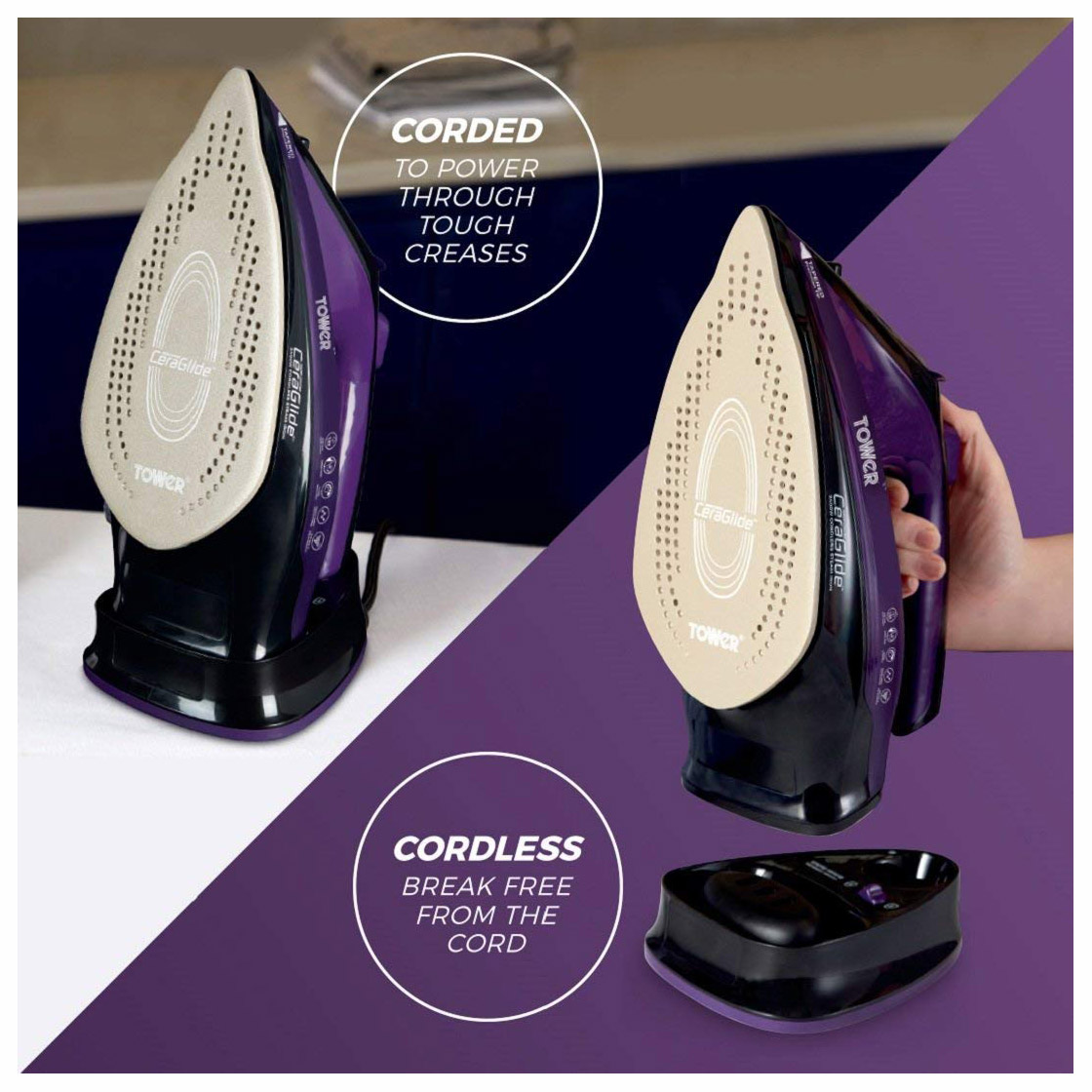 Tower T22008 2 in 1 Cord Cordless Steam Iron in Purple and Black, photo 2