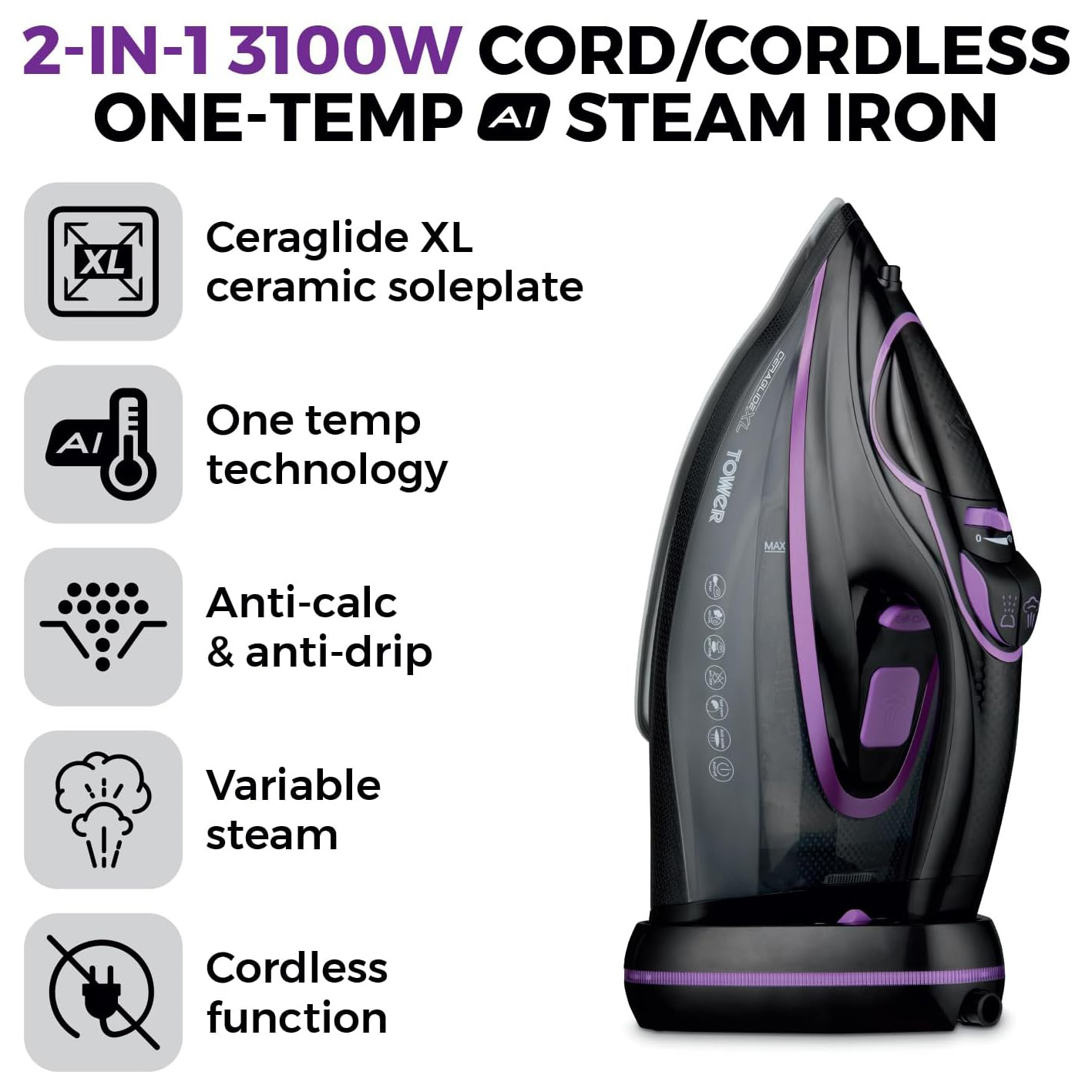 Tower T22036LIL Ceraglide XL AI Pro Cord Cordless Steam Iron 3100W, photo 3