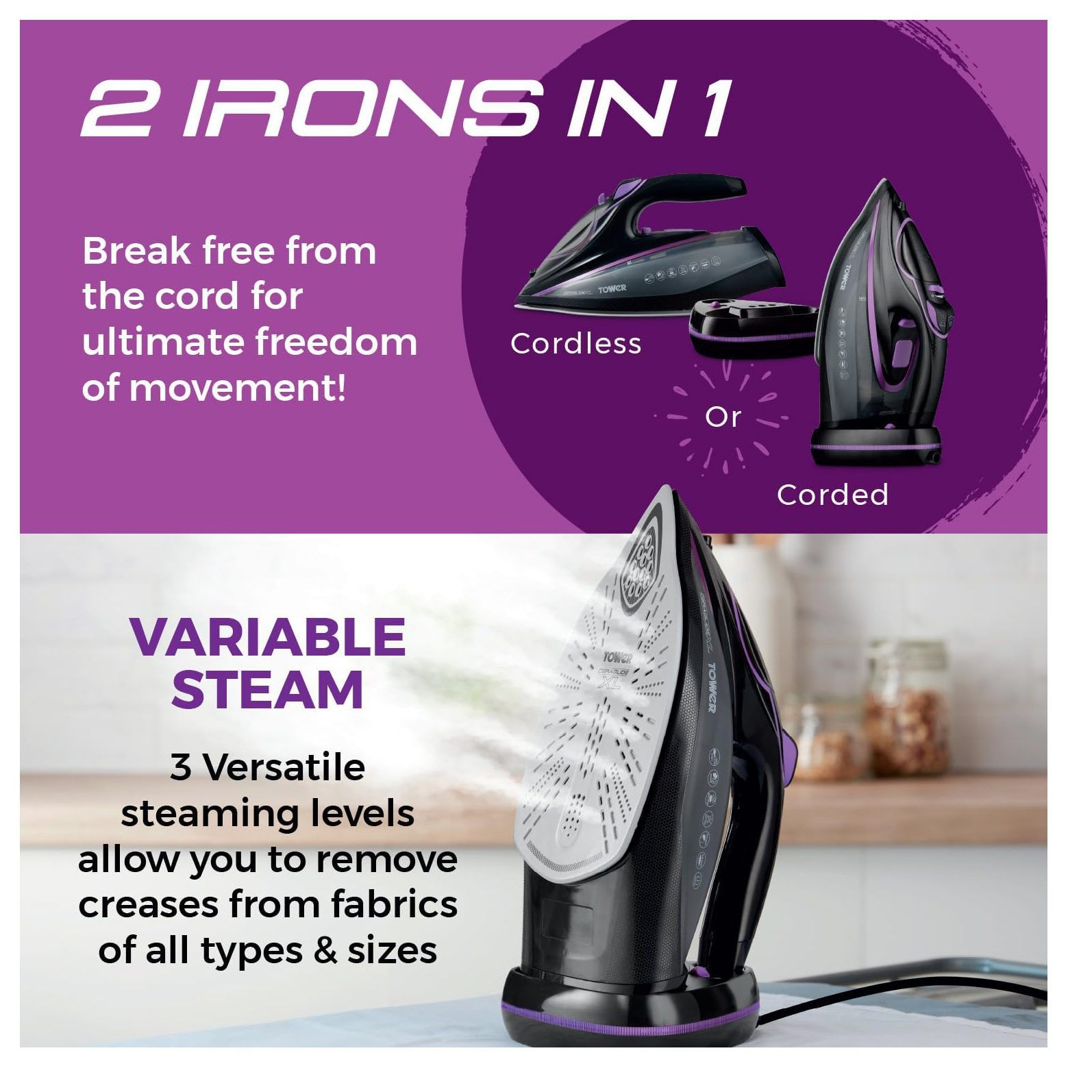 Tower T22036LIL Ceraglide XL AI Pro Cord Cordless Steam Iron 3100W, photo 5