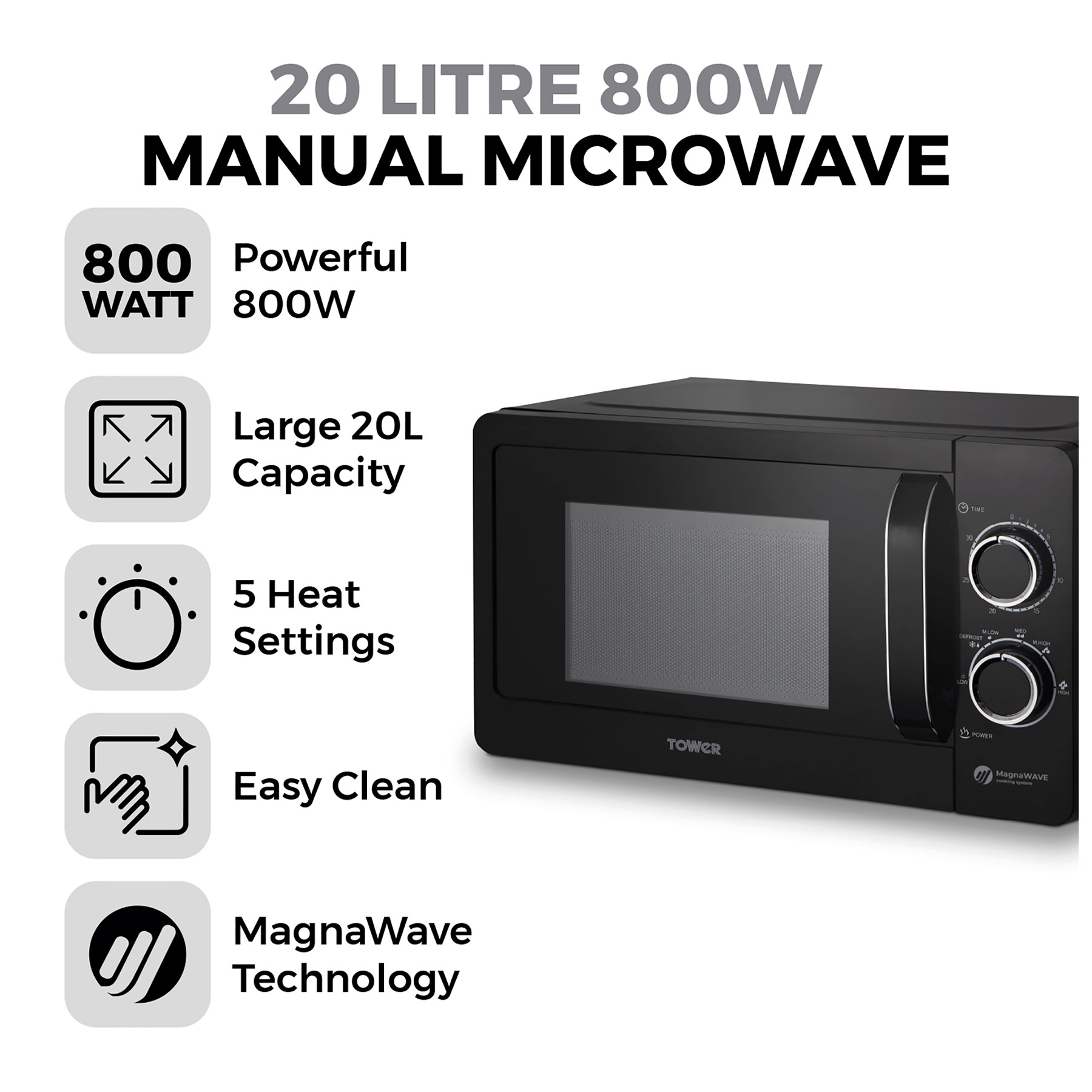 Tower 20L 800W Manual Microwave Black