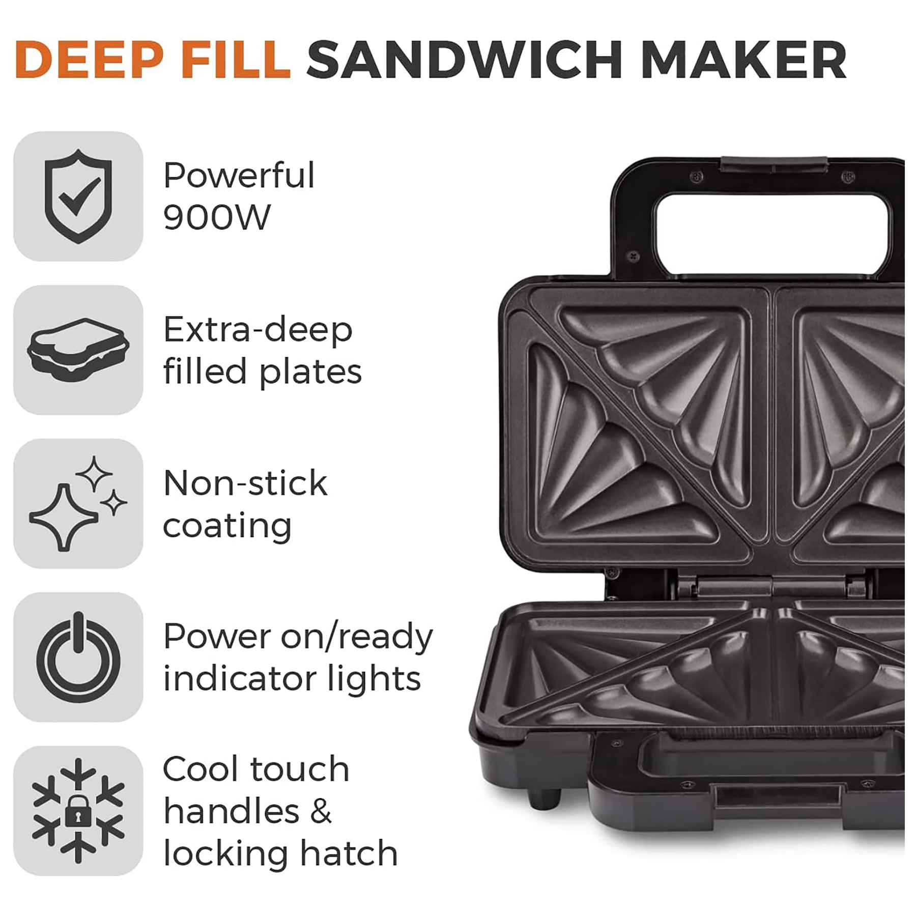 Tower 900W Deep Filled Sandwich Maker Stainless Steel, photo 2