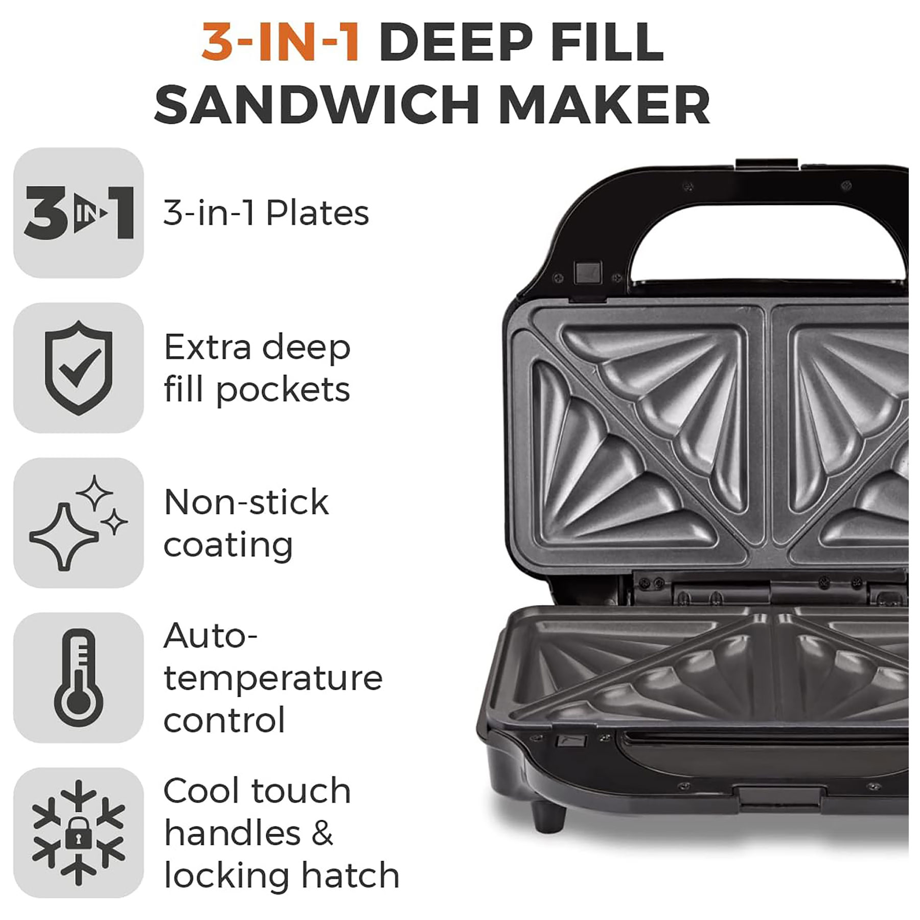 Tower T27032 3 in 1 Deep Fill Sandwich and Waffle Maker 900W, photo 2
