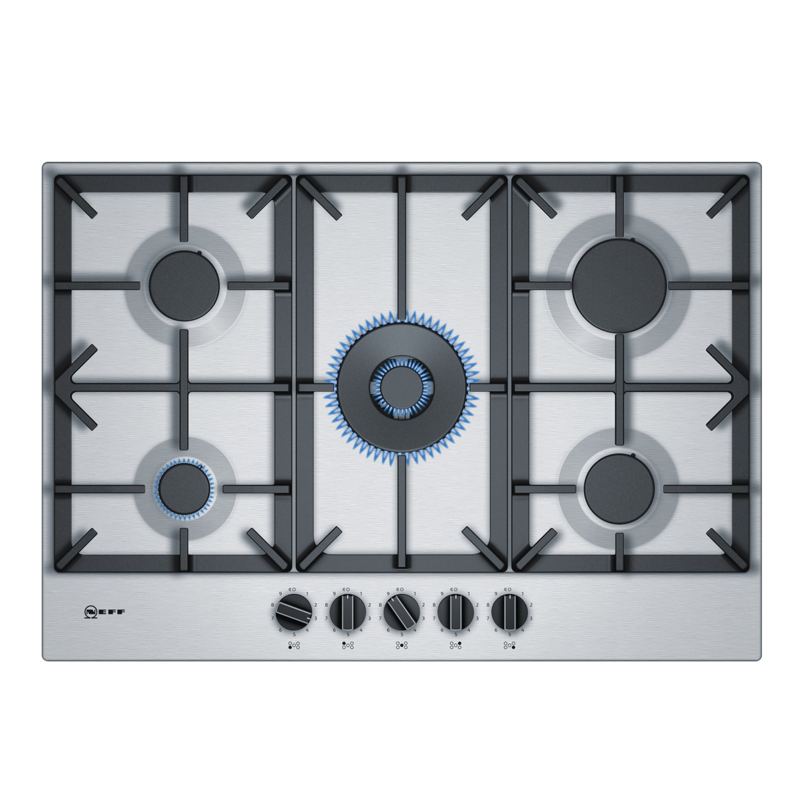 Neff T27DS59N0 N70 75cm 5 Burner Gas Hob Stainless Steel Wok Burn Cast