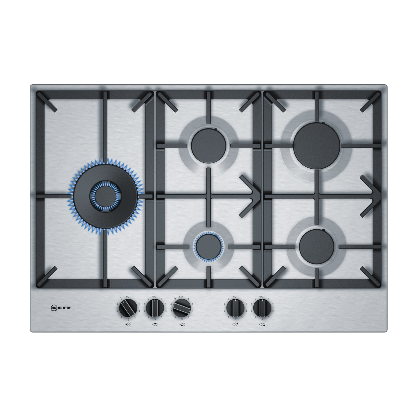 Neff T27DS79N0 N70 75cm 5 Burner Gas Hob in Stainless Steel Wok Burner