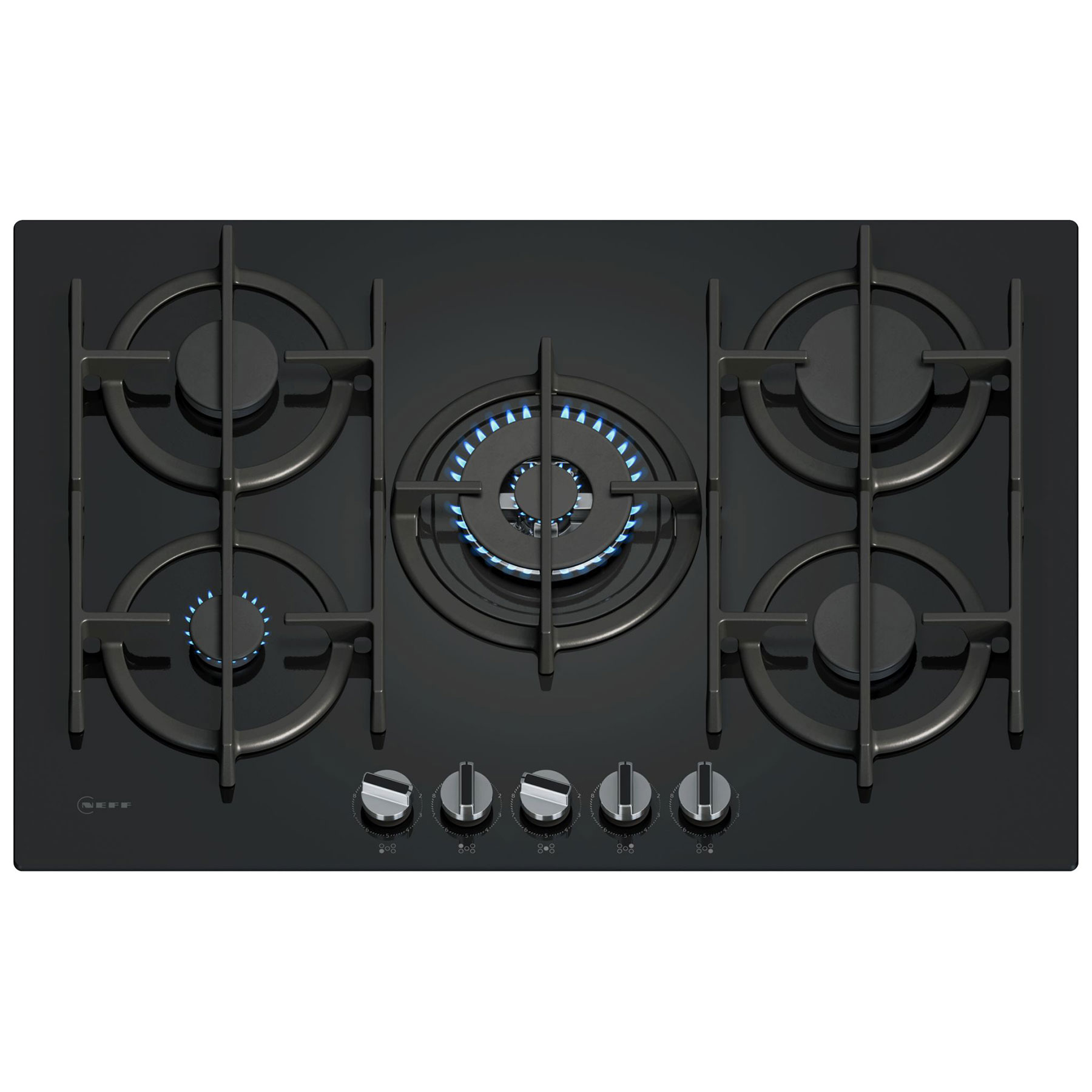 Neff T27PIQ4S0 N70 75cm 5 Burner Gas Hob in Black Glass Wok Burner