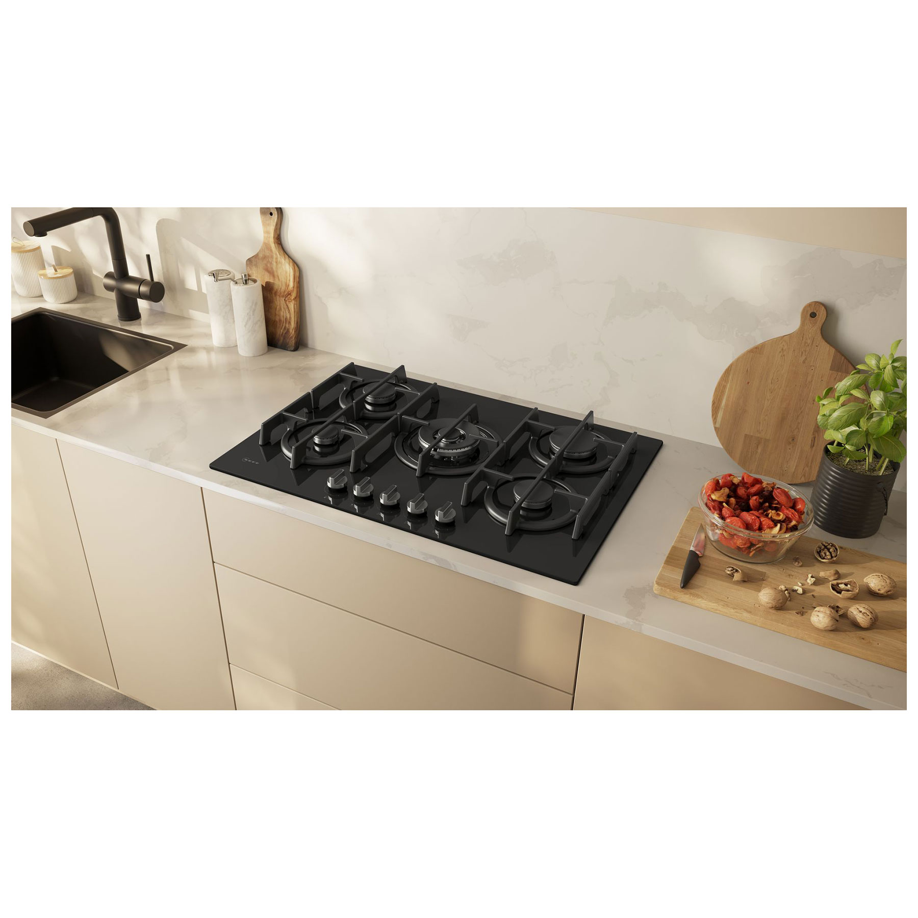 Neff T27PIQ4S0 N70 75cm 5 Burner Gas Hob in Black Glass Wok Burner, photo 5