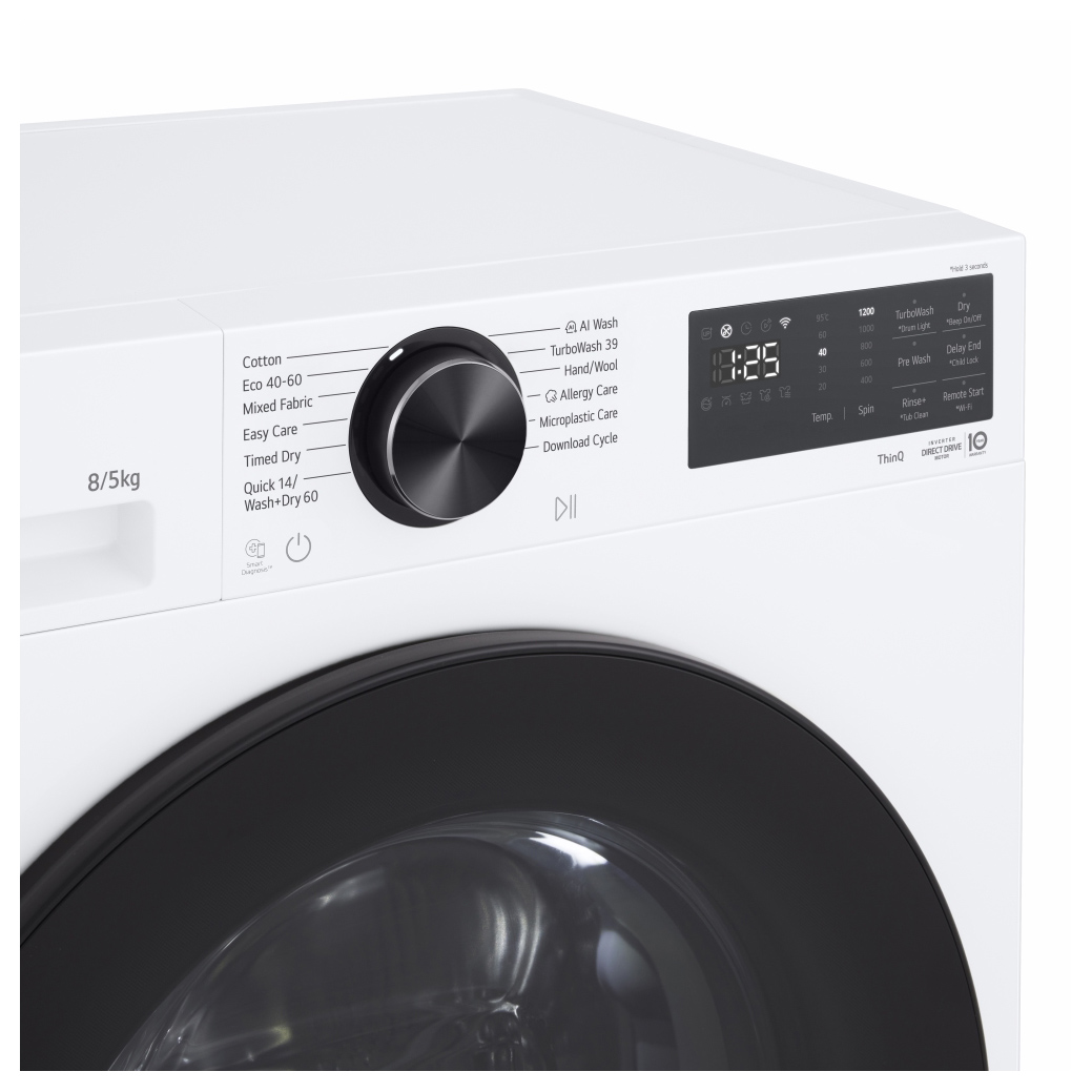 LG W2X5085TLB Washer Dryer in White 1200 Spin 8kg 5kg E Rated with AI, photo 4