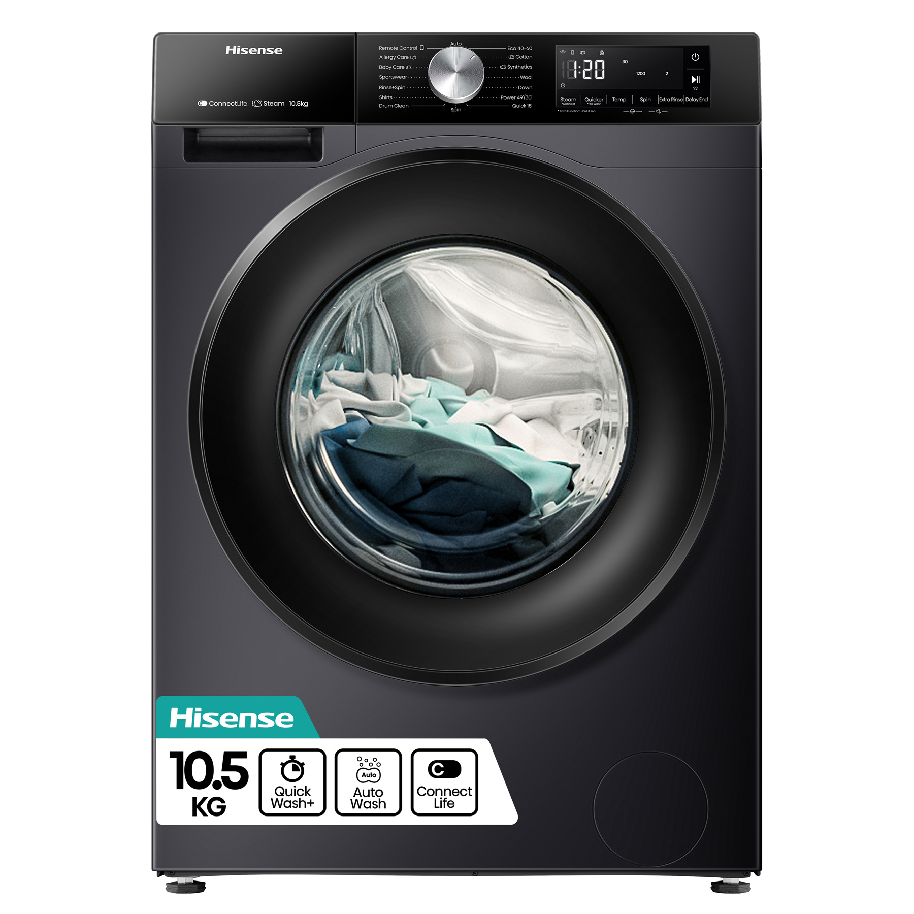 Hisense WF3S1043BB3 10 5kg 1400 Spin Washing Machine in Black A Rated