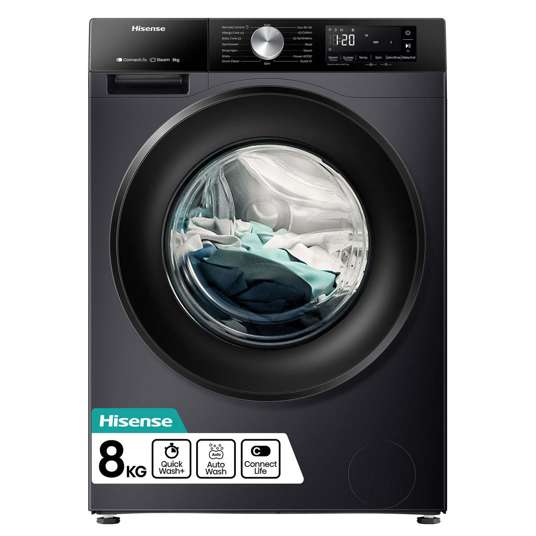Hisense WF3S8043BB3 8kg 1400 Spin Washing Machine in Black A Rated Con