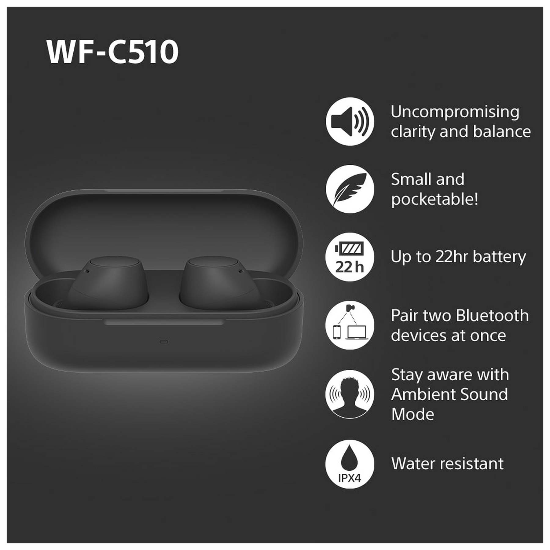 Sony WFC510BCE7 In Ear True Wireless Earbud Headphones in Black, photo 4