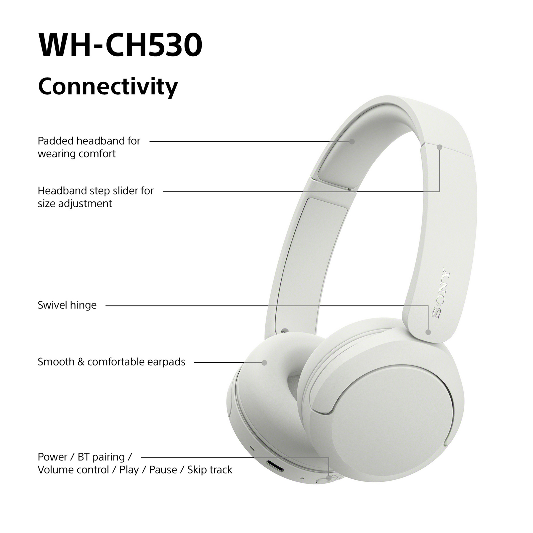 Sony WH CH530W On Ear Wireless Bluetooth Headphones in White, photo 5
